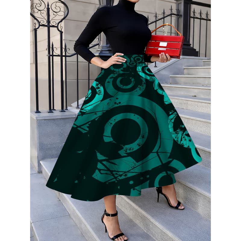 Elegancka i modna spódnica midi damska, casualowa sukienka midi z nadrukiem, modny wzorzysty nadruk, do biura/na relaks/na randkę/na imprezy/na kanapki