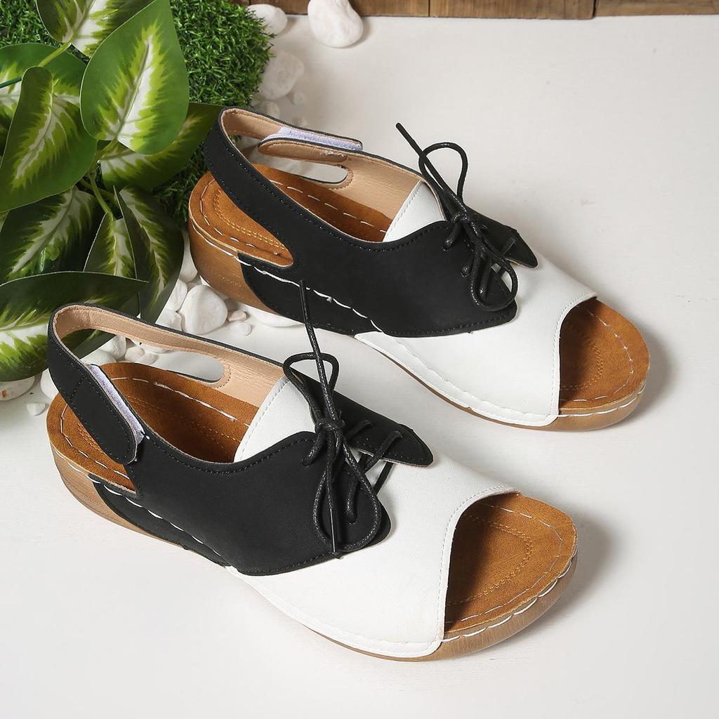 Women's Plus Size Color Block Wedge Sandals with Thick Sole and Velcro Lace-up.