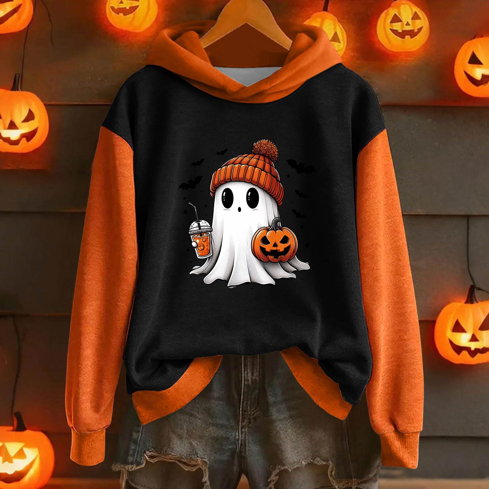 

Женская повседневная и модная толстовка с капюшоном с длинными рукавами и принтом на Хэллоуин, теплая рубашка, свободная и удобная толстовка M чёрный