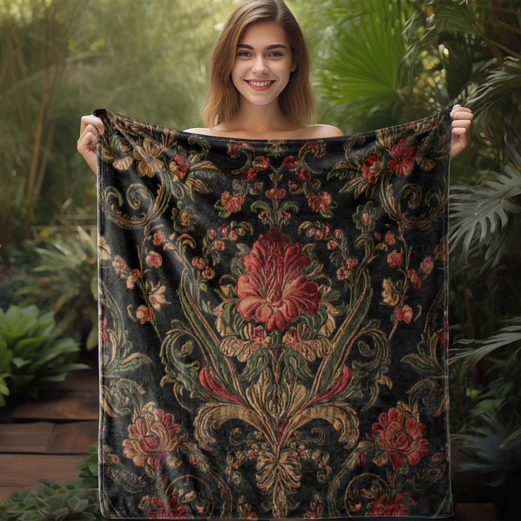 [1pc Vintage Floral Blanket] 1pc Soft Warm Vintage Floral Print Flannel Blanket | All-Season Throw for Sofa, Bed, Car, Office