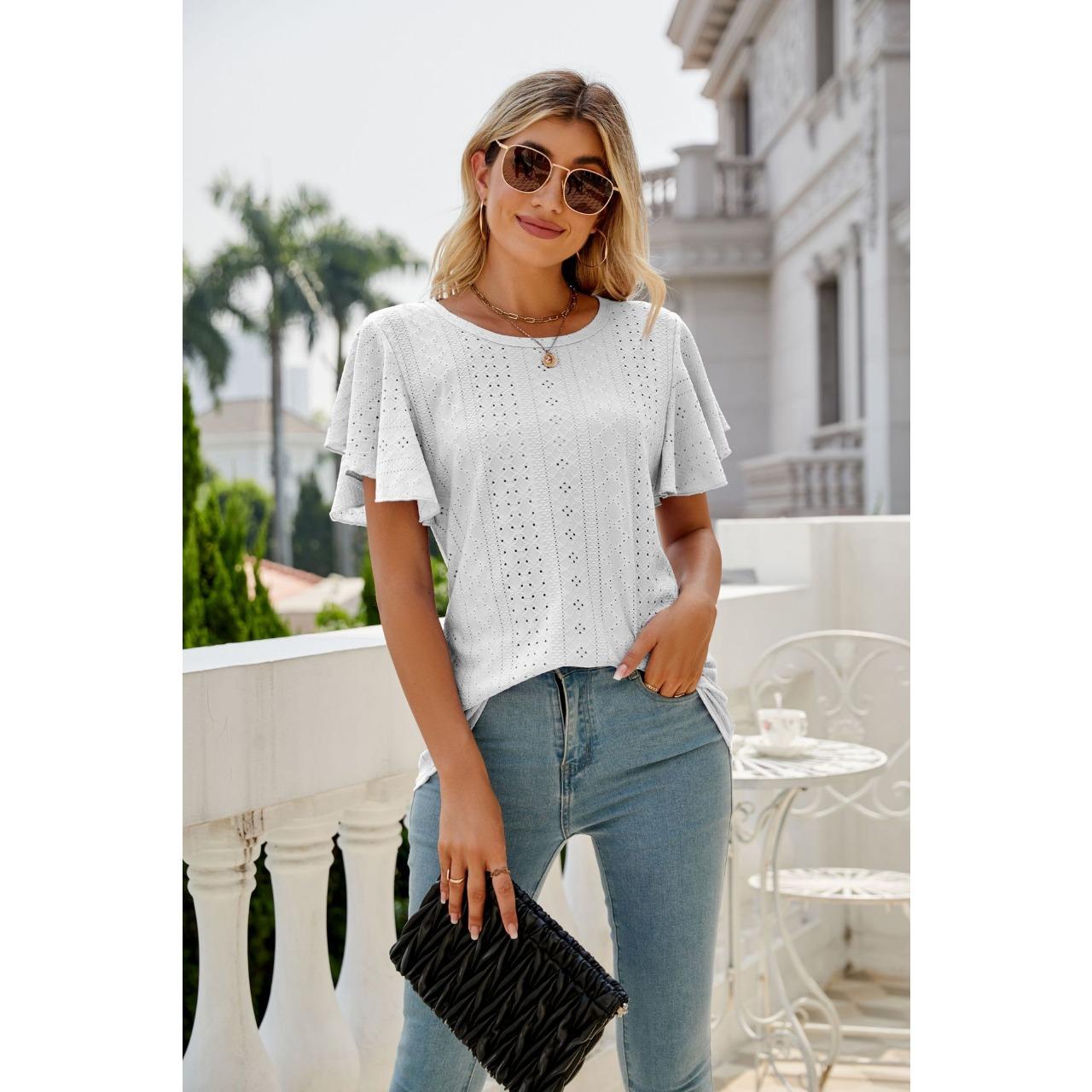 GMXIA Летняя женская женская футболка с вырезами, круглым вырезом, с баской S белый