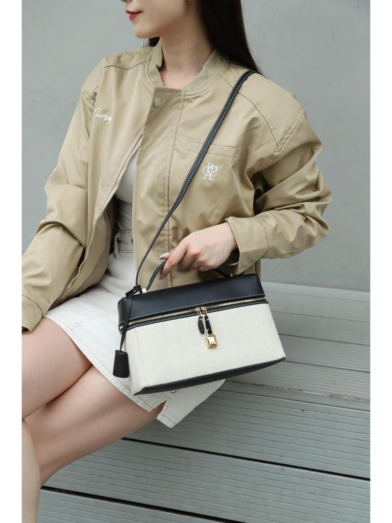 Niche High-End LP27 Women's Luxury Cowhide and Canvas Leather Shoulder Makeup Bag with Large Capacity.
