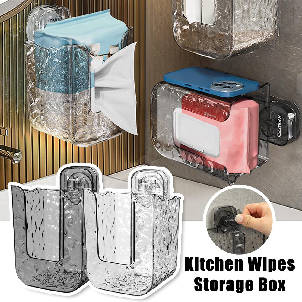 Kitchen Wipes Storage Box Punch-Free Tissue Box Waterproof Wet Wipes Box Suction Cup Wall-Mounted Paper Storage Box Transparent