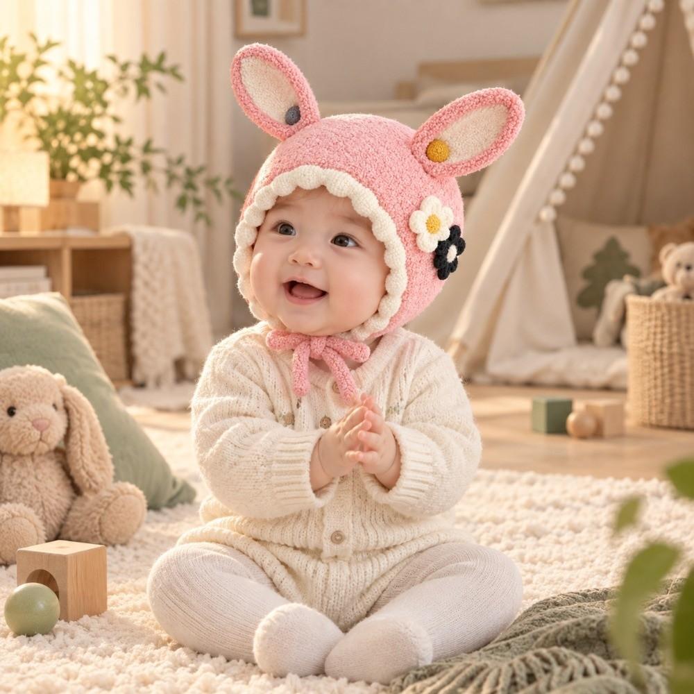 Windproof Baby Knitted Hat Soft Plush Kids Pullover Hats Soft Newborn Earflap Hat Autumn Winter