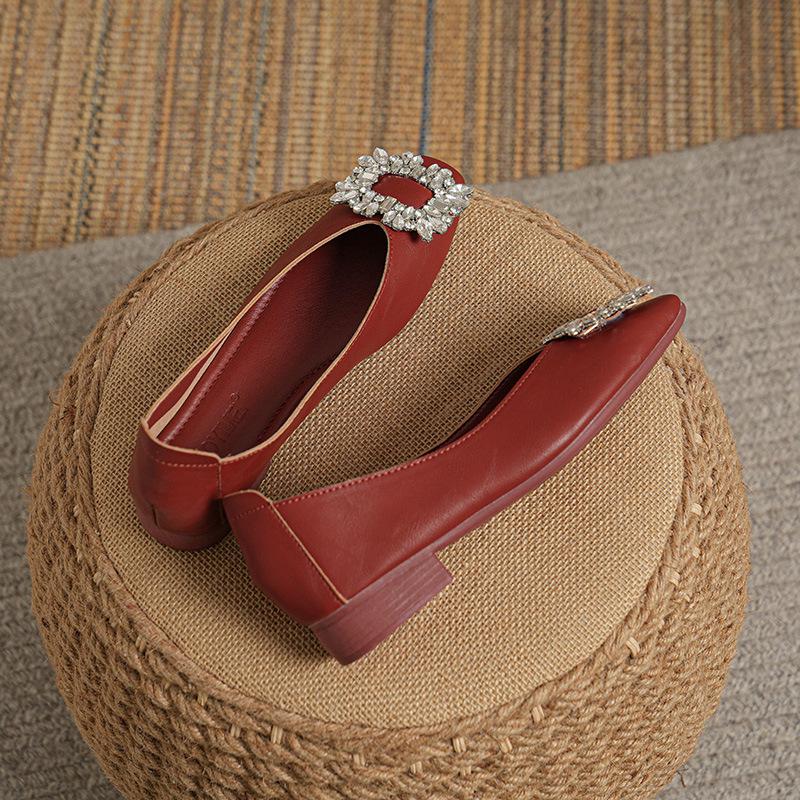 Fairy Feng Shui Diamond Buckle Flat-soled Single Shoes Women's 2025 New Shallow Mouth Square Head Comfortable Versatile Soft Sole Doudou Shoes
