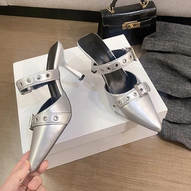 Punk Goth Metal Buckle High Heels Women's Sandals Summer 2024 Pointed Toe Silver Party Shoes Fashion Womens Pumps Shoes Tacones