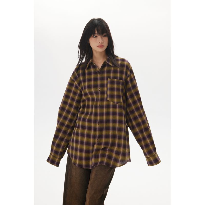 

Vintage Plaid Retro Loose Long Sleeve Shirt Brown XL