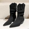 Western Cowboy Boots Thick Heel Retro Short Boots Women's 2025 New Thin High Heel Pointed Thick Heel Pleated Pile Boots Tide