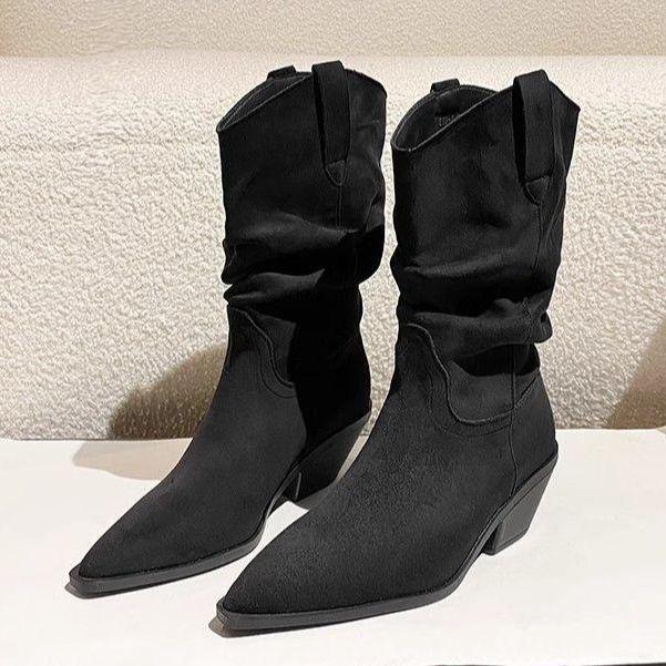 

Западные ковбойские сапоги толстый каблук ретро короткие сапоги женские 2025 новые тонкий высокий каблук острый носок толстый каблук плиссированные сапоги-чулки тренд 40 чёрный