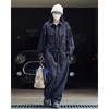 Women Cargo Denim Jumpsuit Lapel Long Sleeve Belted Loose Wide Leg Casual Overalls Streetwear Rompers