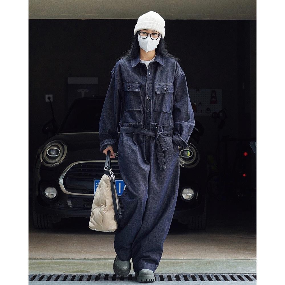Women Cargo Denim Jumpsuit Lapel Long Sleeve Belted Loose Wide Leg Casual Overalls Streetwear Rompers