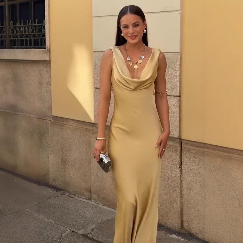 2025 Sommer Damen Europäisches und Amerikanisches Rückenfreies Wasserfallkragen Abendkleid