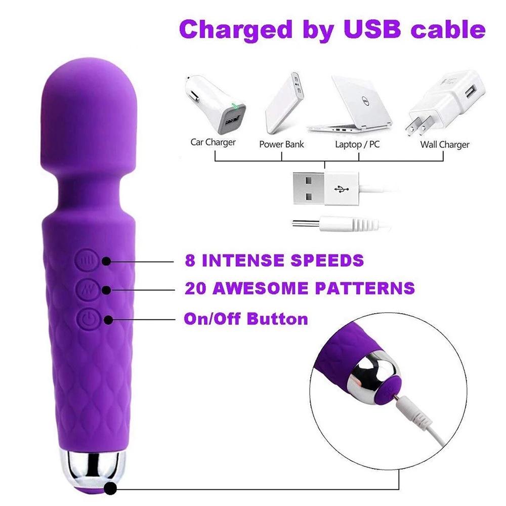 20 Mode Powerful USB Rechargeable Vibrator Electric Body Massage Magic Wand Massager Dildo Vibrators Sex Toy For Women Wife Clit