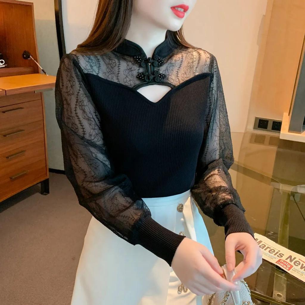 Mode Hohlstrick Basisschicht Damen Frühling Stehkragen Knopf Spitze Patchwork Slim Fit Innen Außen Trage Top