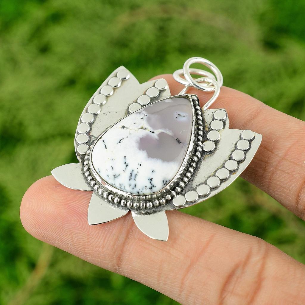 Daughters Day Deal Natural Dendrite Opal New Lotus Bezel Wife Pendant 925 Silver