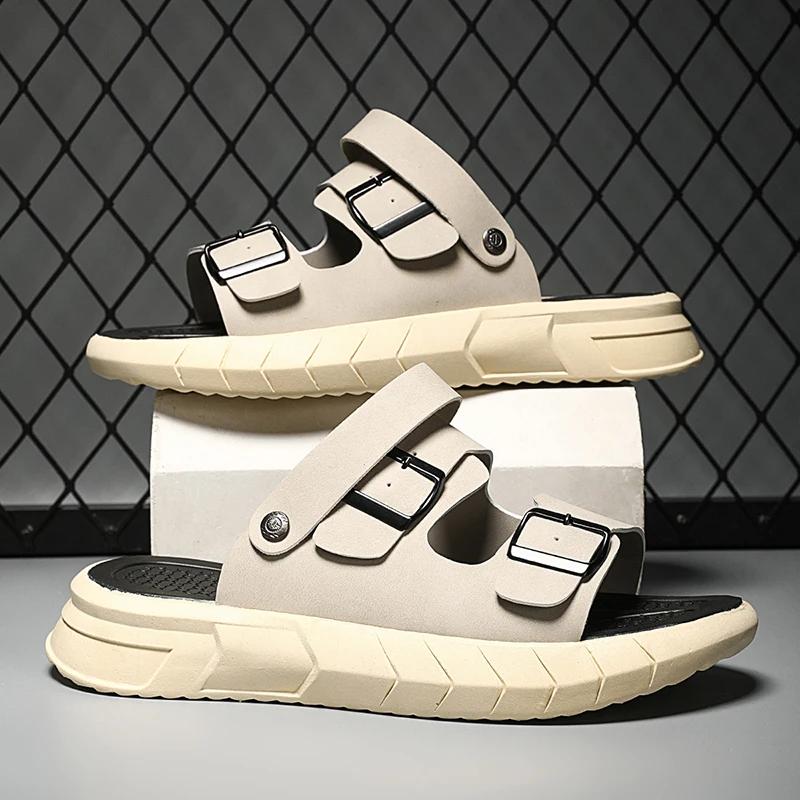 

Модные мужские летние тапочки Дышащие Роскошные Сандалии Обувь Пляжная Классика Кожаные Мужские Тапочки Уличные Вьетнамки Домашние Шлепанцы Мужские 39 бежевый