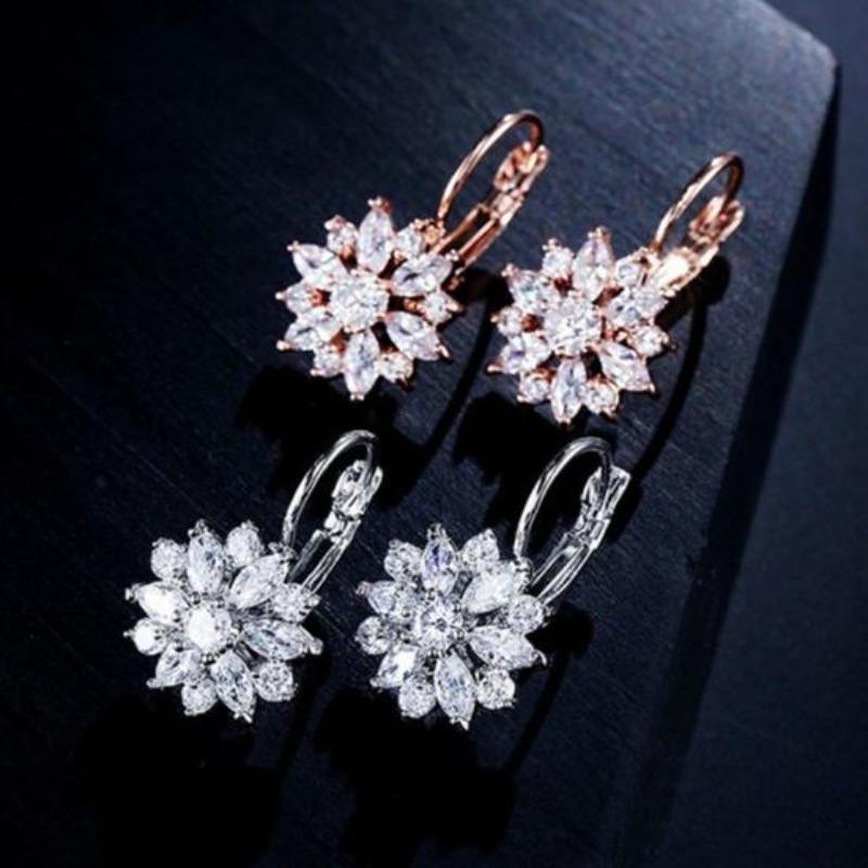 Cubic Zirconia Inlaid Sunflower Dangle Leverback Earrings Chic Lady Jewelry Gift