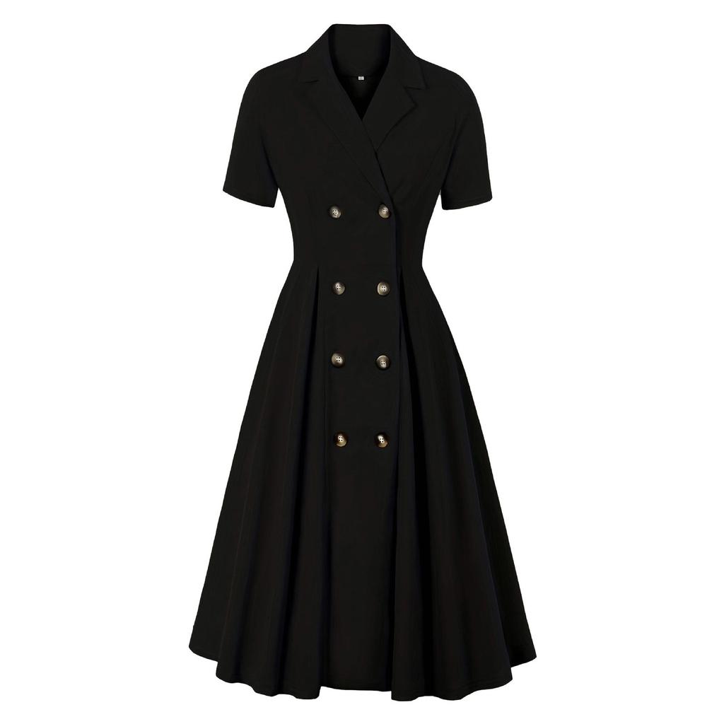 Women's Short Sleeve Color Vintage Lapel Dress With Large Swing Skirt