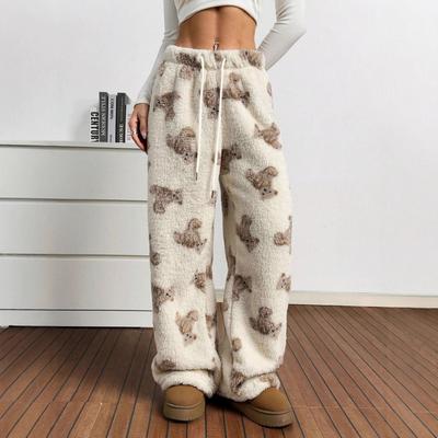 Jesienna i Zimowa Moda Styl Casual Wzór Misia Jesienne i Zimowe Futrzane Długie Spodnie dla Kobiet