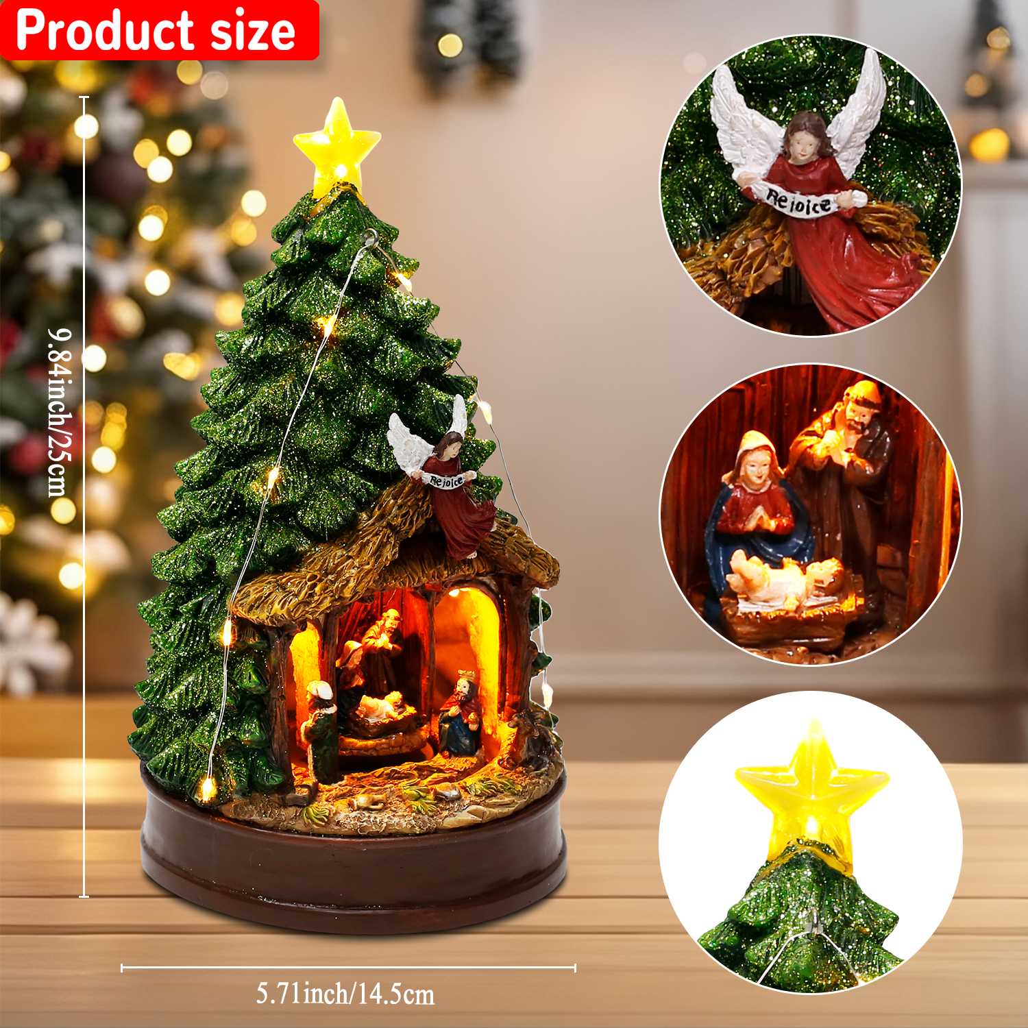 

Animated Lighted Nativity Scene Christmas Tree Topper with Star And Angel Collectible Building Figurines for Home Holiday Decor