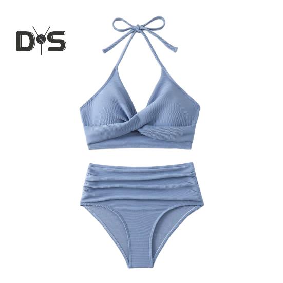 2dílná sada letních bikin, podprsenka s vyztužením a skládaným detailem, sada plavek s vysokým pasem, jednobarevné plavky