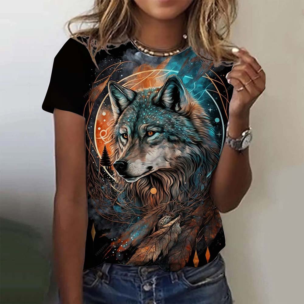 3D Printed Animal For Women Funny Wolf Pattern Summer New Harajuku Y2k Tops Loose Short Sleeves Clothes
