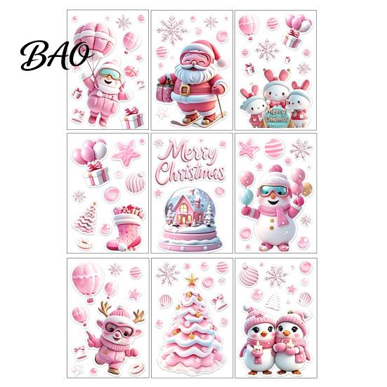 Office Holiday Wall Stickers 9Pcs Pink Christmas Static Window Clings, Santa Snowman Bunny Penguin Glass Creative Collage Decals, Reusable Xmas
