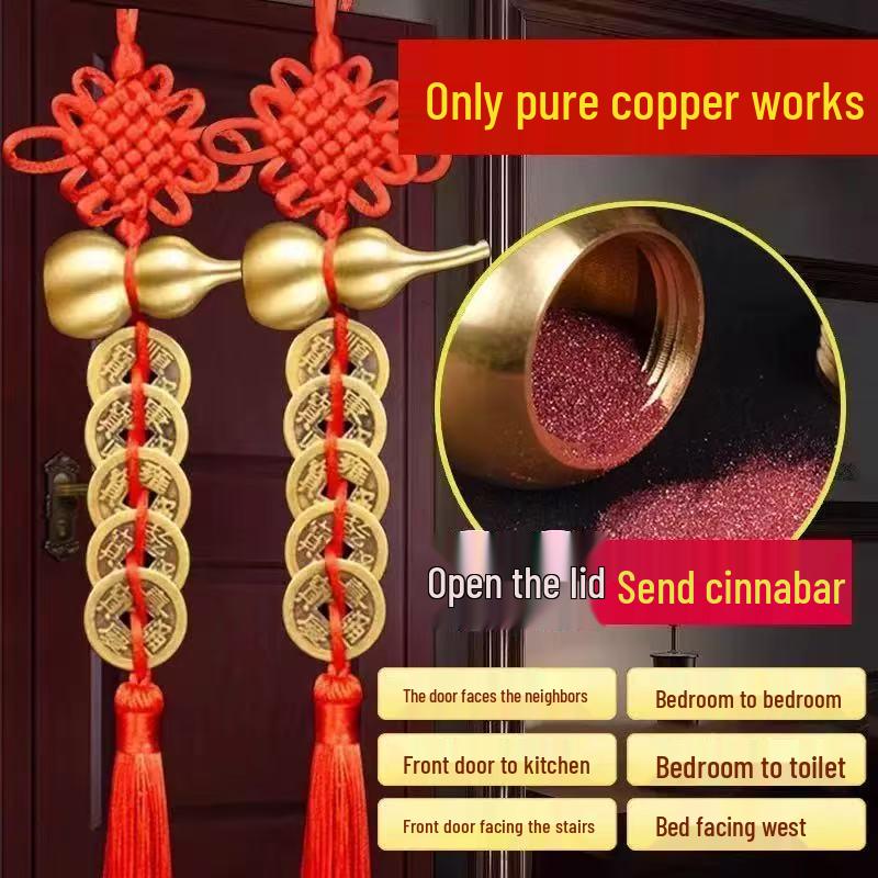Brass Bagua Gourd Pendant with Five Emperors Coins - Chinese Knot Hanging Ornament for Doorstep Décor