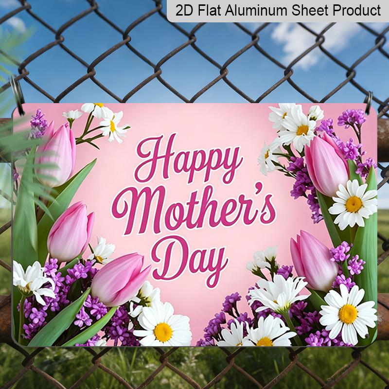 2D Flat, 1pc "Happy Mother's Day" Tulip & Daisy Floral Plaque, 12"×8" - Pink & Purple Flower Decor Sign - Aluminium Wall Hanging Decoration, Sweet