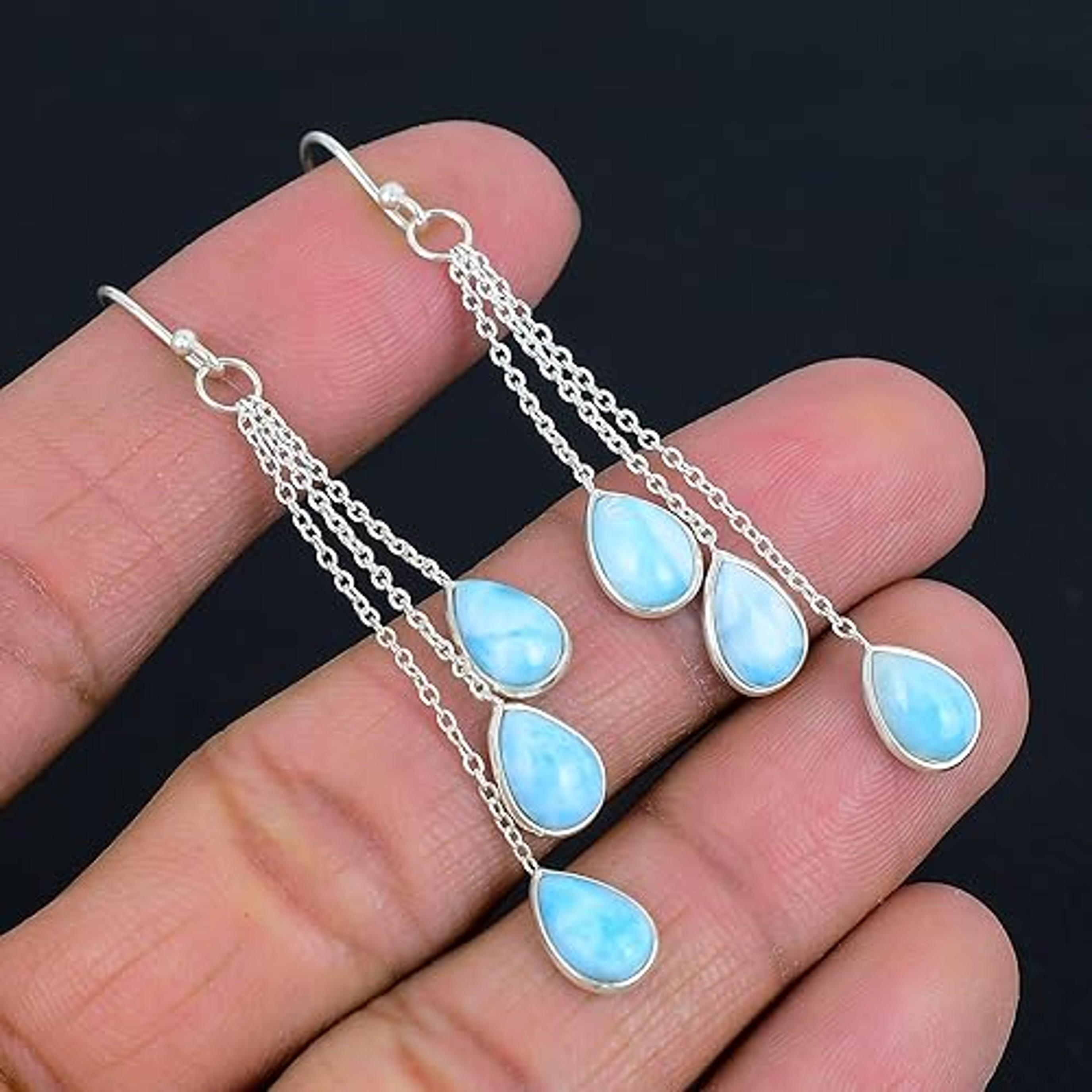 

Natural Larimar Gemstone Earring, 925 Sterling Silver, Dangle Earring, Gift For Her, Women Earring, Handmade Jewelry