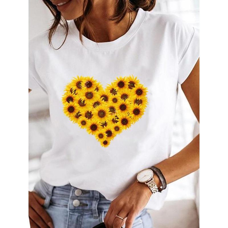 Spring Summer Women's Clothing Love Flower Plant Printed Casual Simple Trendy Top Round Neck Pure Cotton Short Sleeved T-Shirts Women’s