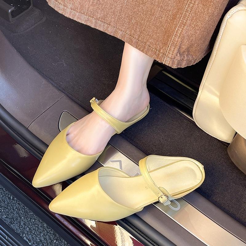 Fashion Pointed Toe Back Empty Slippers Women Baotou Shallow Mouth One Strap Soft Slip Non-Slip Low Heel Half Drag