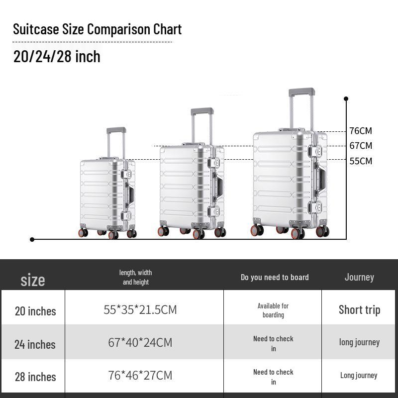 Aluminum-Magnesium Alloy Suitcase with Universal Wheels, 20/24/28-inch