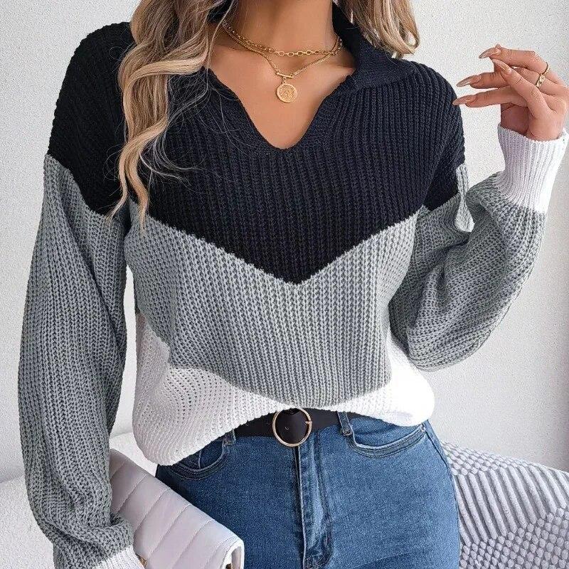 Sweter z dzianiny z dekoltem w serek, swobodny, z długim rękawem, swetry, jesienny nadruk, paski, moda zimowa, luźne swetry 30417