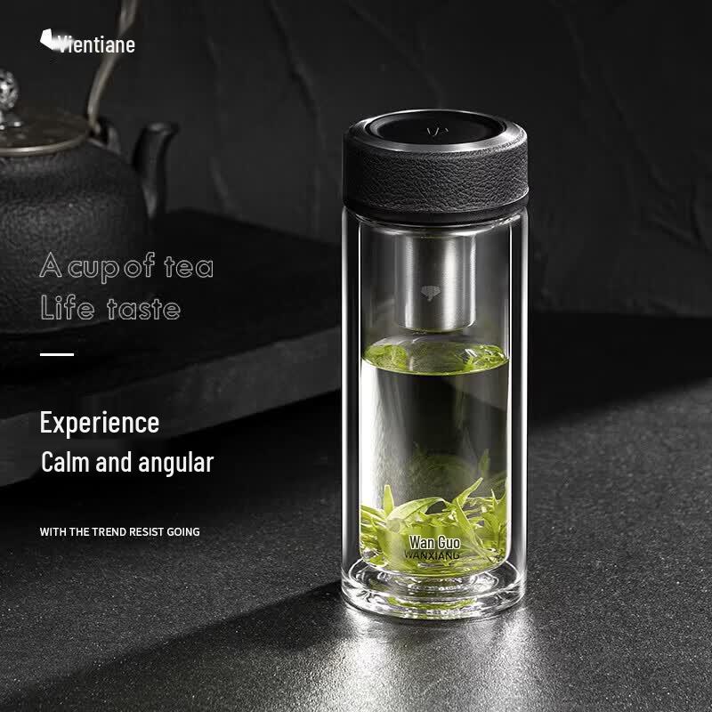 WANXIANG Classic Leather Pattern Double-Layer Glass Tea Cup