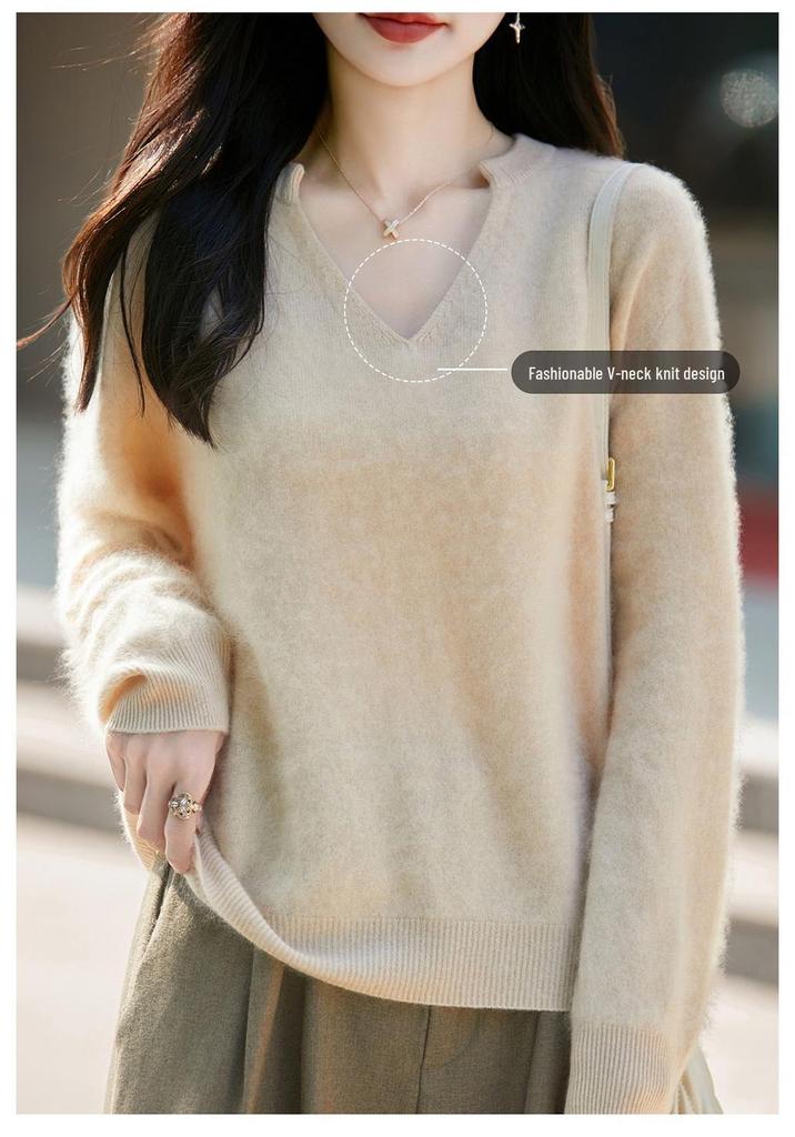 Autumn/Winter 2026 Cashmere Wool V-Neck Knitwear: Long Sleeve Solid Color Soft Sweater Top