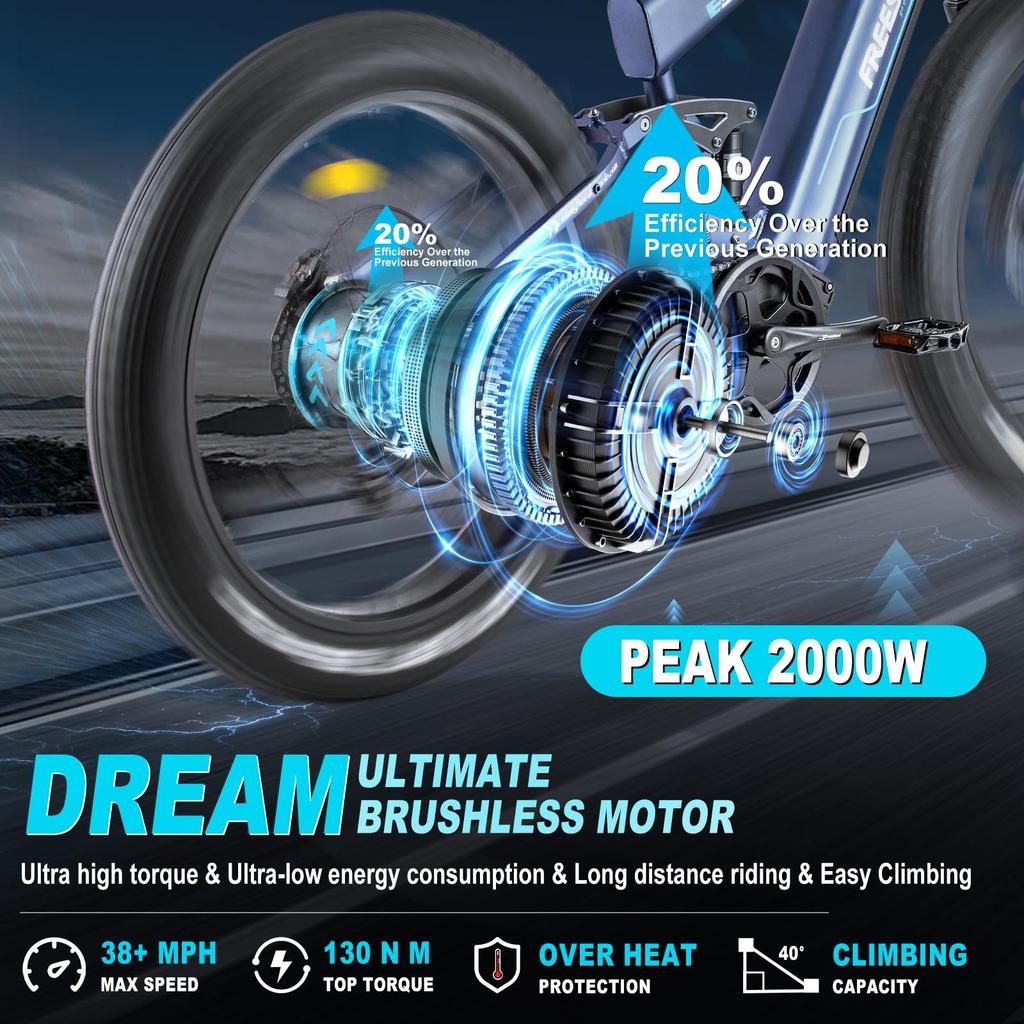 Bicicletă electrică Freesky M520, Motor de vârf 3000W, 41Ah(18+23Ah) Baterie, Anvelope Groase 26*4.0'', Max 40MPH, Autonomie 150KM, Frână Hidraulică, 7 Viteze