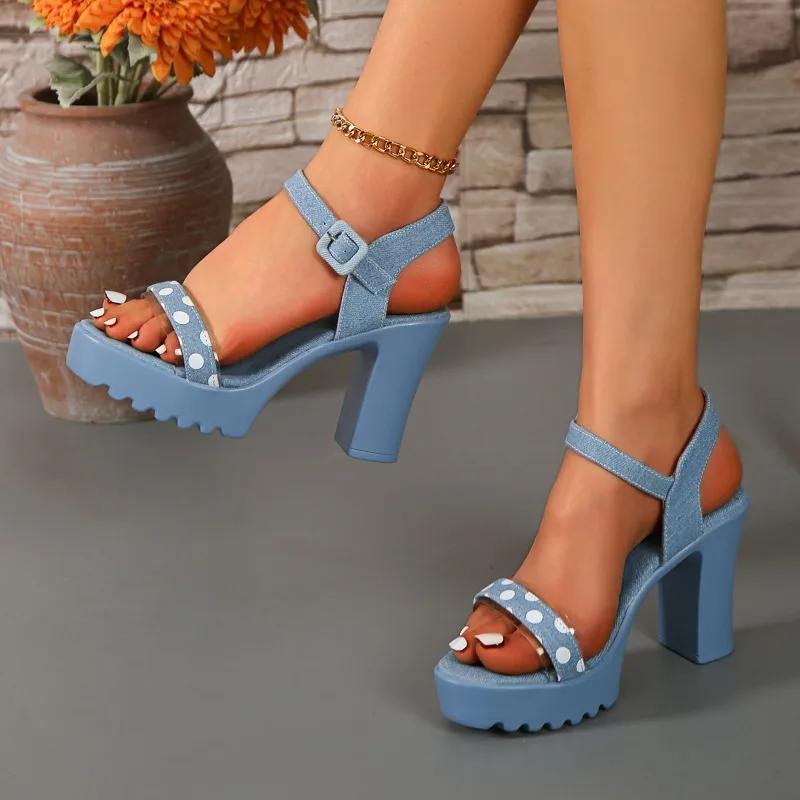 Summer New Style Thick Heel Sandals Women Round Head Cloth Polka-dot Waterproof Platform Anti-slip Wear-resistant High Heels