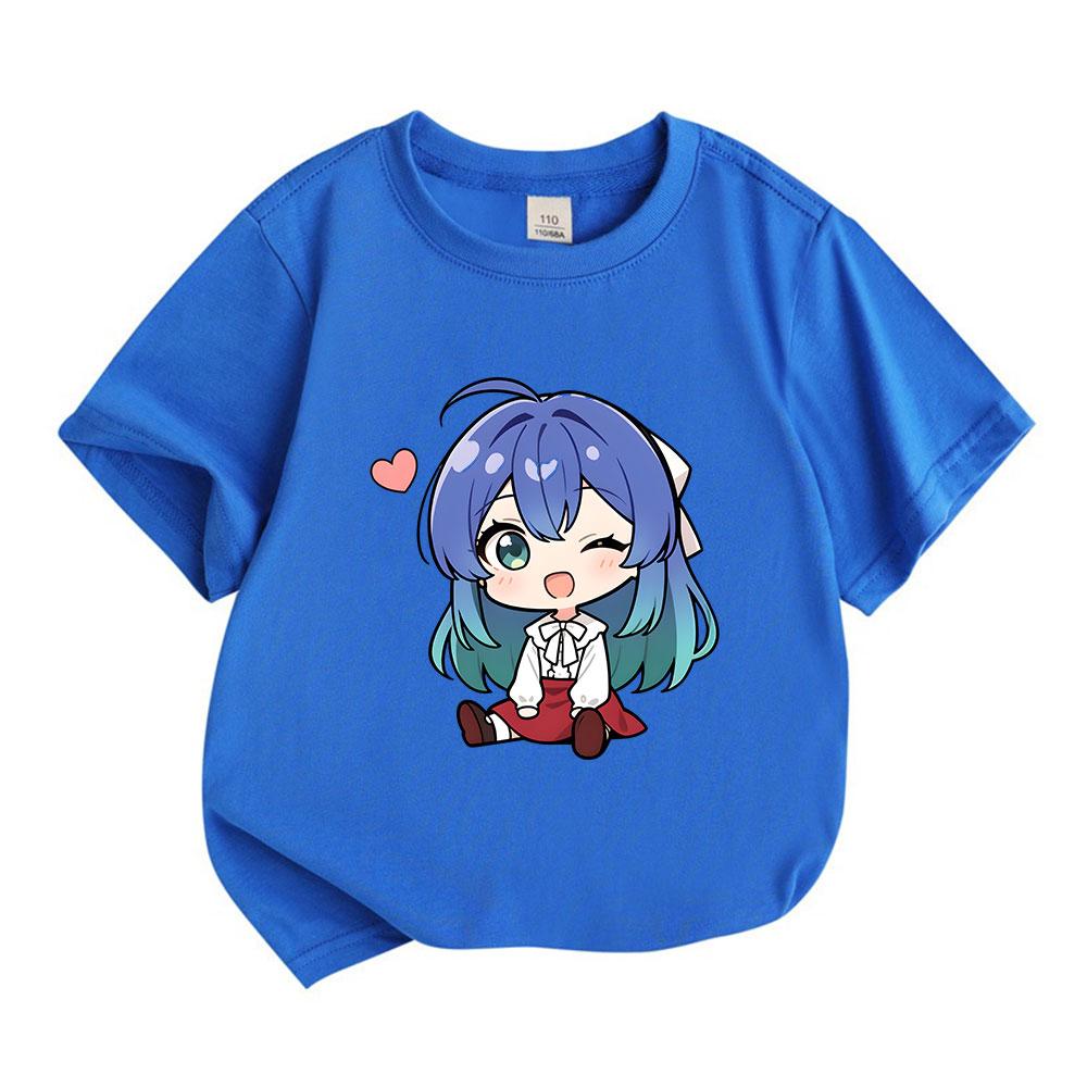 Kids Boys Girls 100% Cotton Crew Neck Short Sleeve T-Shirt, Cute Chibi Anime Blue Hair Girl Print Casual Soft Breathable Tee for Daily Wear Lovely Hea