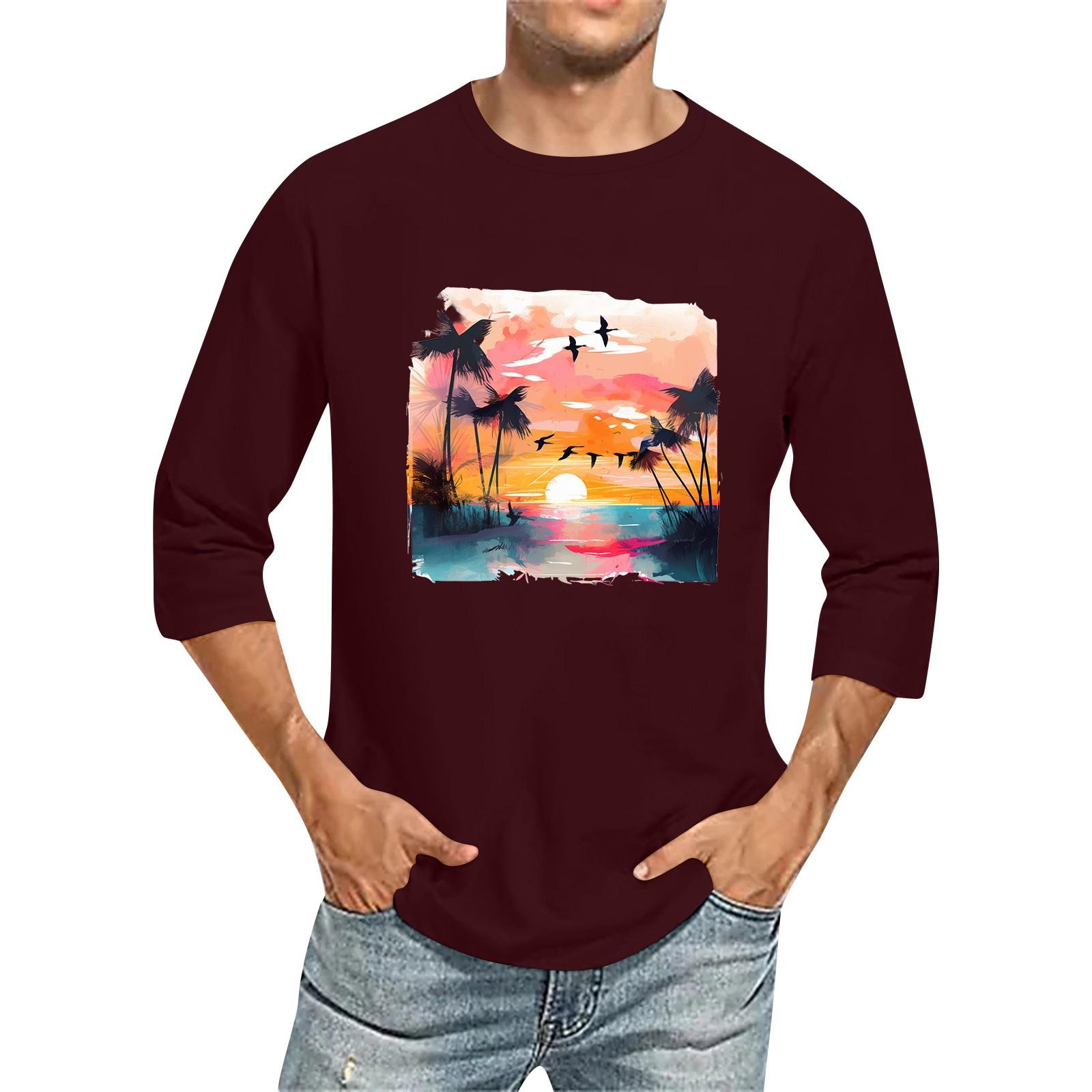 

Мужская однотонная футболка с круглым вырезом и рукавами три четверти XXXL винный