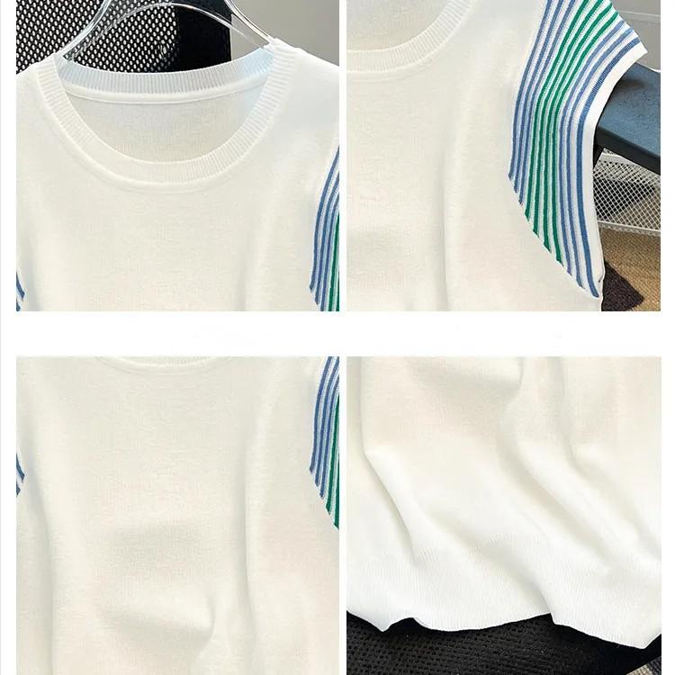 Women's Summer Ice Silk Spliced Sleeveless Knitted Vest Commute Thin Pullover T-shirt