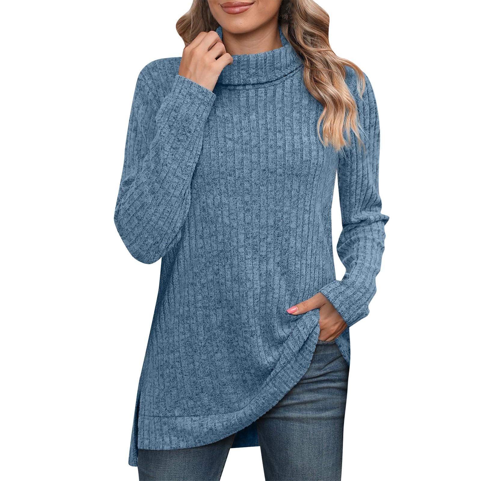Women s Fashion Casual High Neck Bib Side Split Knit T-Shirt Solid Colour Top L