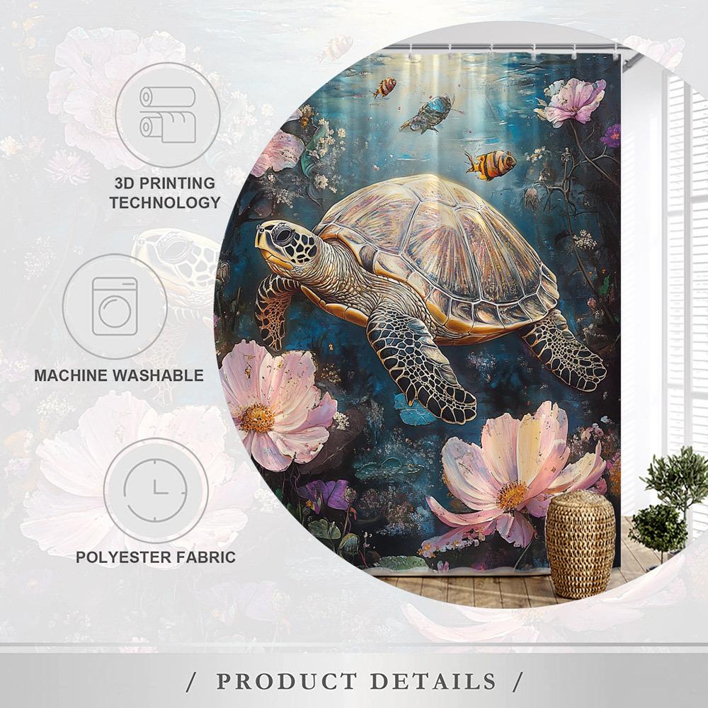 1Pc Sea Turtle & Floral Shower Curtain - Realistic Ocean Design, Pink & Purple Flowers, Coral Reef, Polyester,12 Hooks,Easy Care