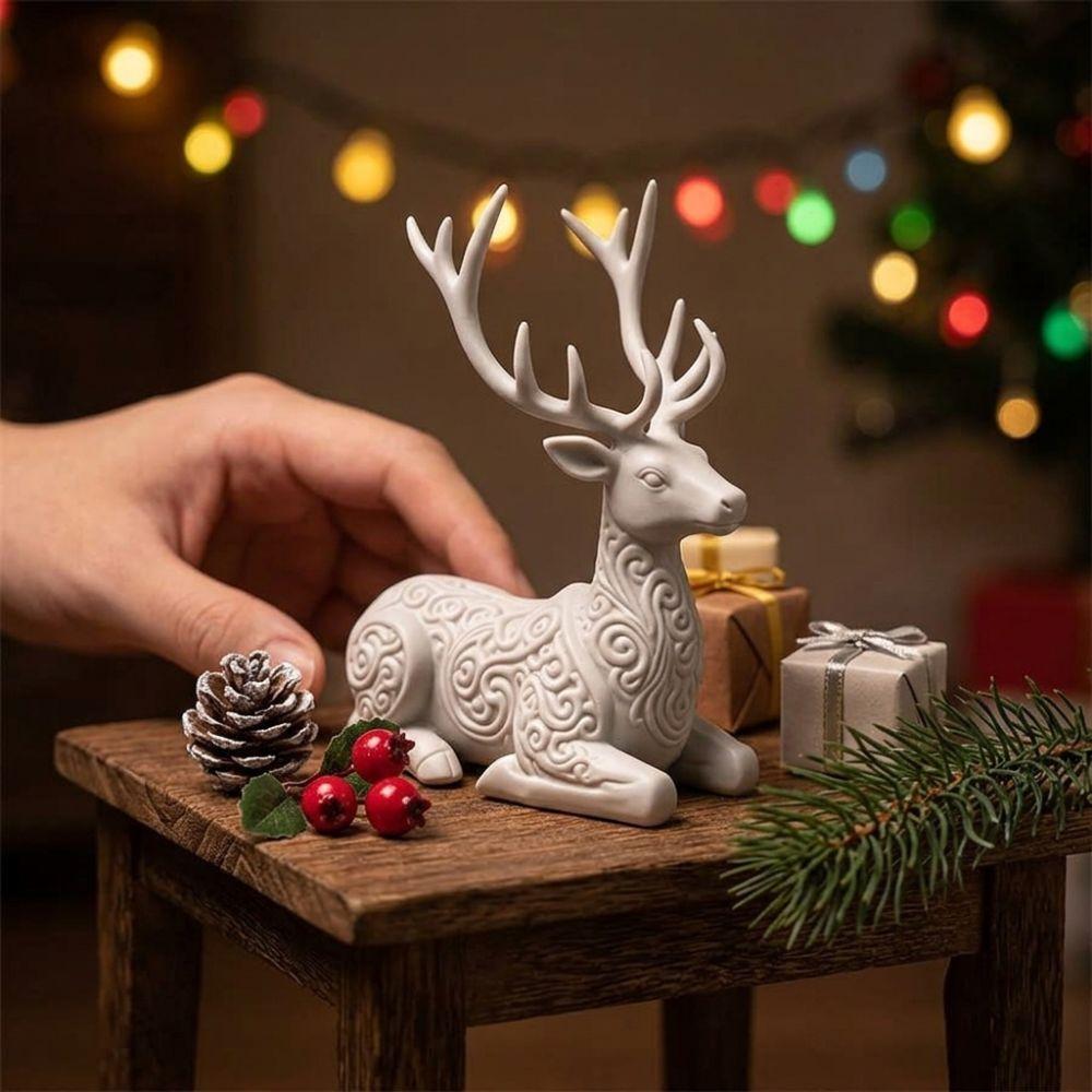 3D Printed Xmas Reindeer Sculpture Lying-Posture Elk Deer Statue Animal Figurine Office Desk