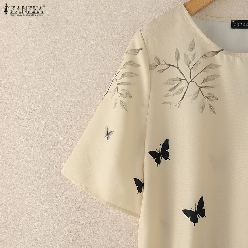 ZANZEA Women Casual Round Neck Loose Short Sleeve Print Blouse