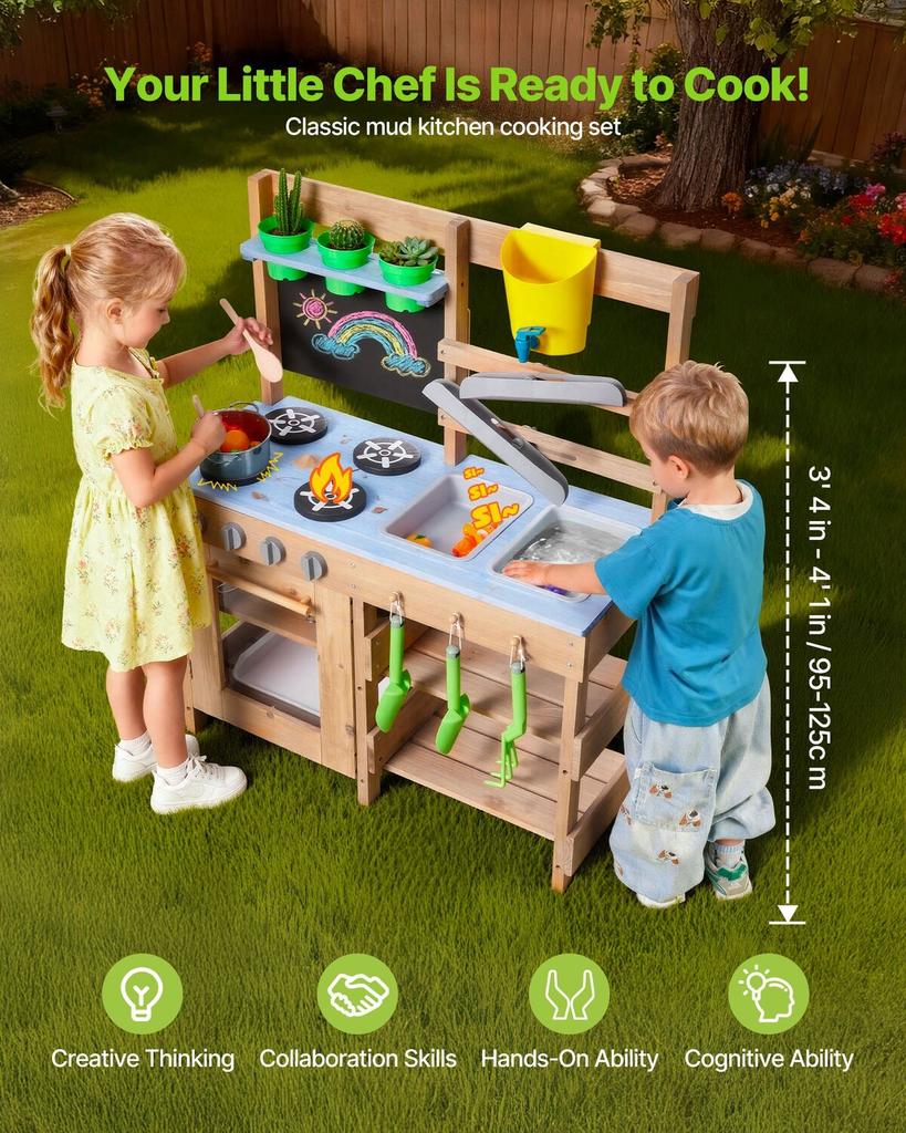 Mud Kitchen, Outdoor Mud Kitchen for Kids, Wood Outdoor Play Kitchens with Stoves, Hooks, Sinks, Planting Shovels, Spatulas, Handle, Cookware Pots and