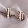 Trendy C-Shaped Faux Pearl and Diamond Stud Earrings