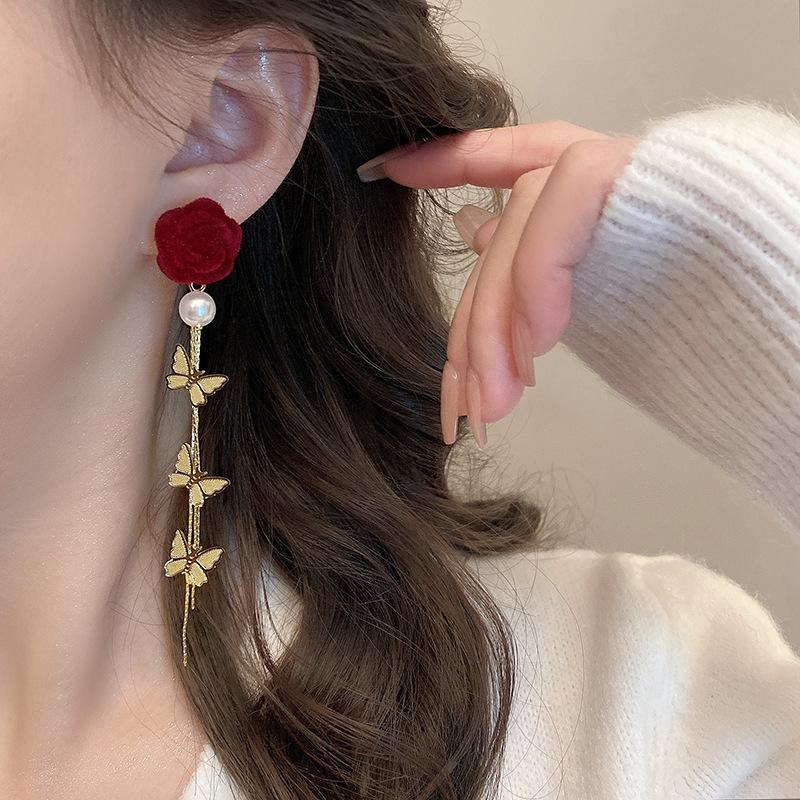 New autumn and winter burgundy red rose flower earrings women's light luxury temperament long butterfly fringed earrings earrings