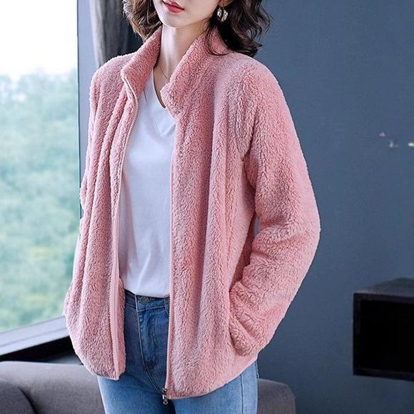Women's Double-Sided Coral Fleece Cardigan - Autumn/Winter Plus Size, Stand Collar, Thick & Warm Long Sleeve Pajamas