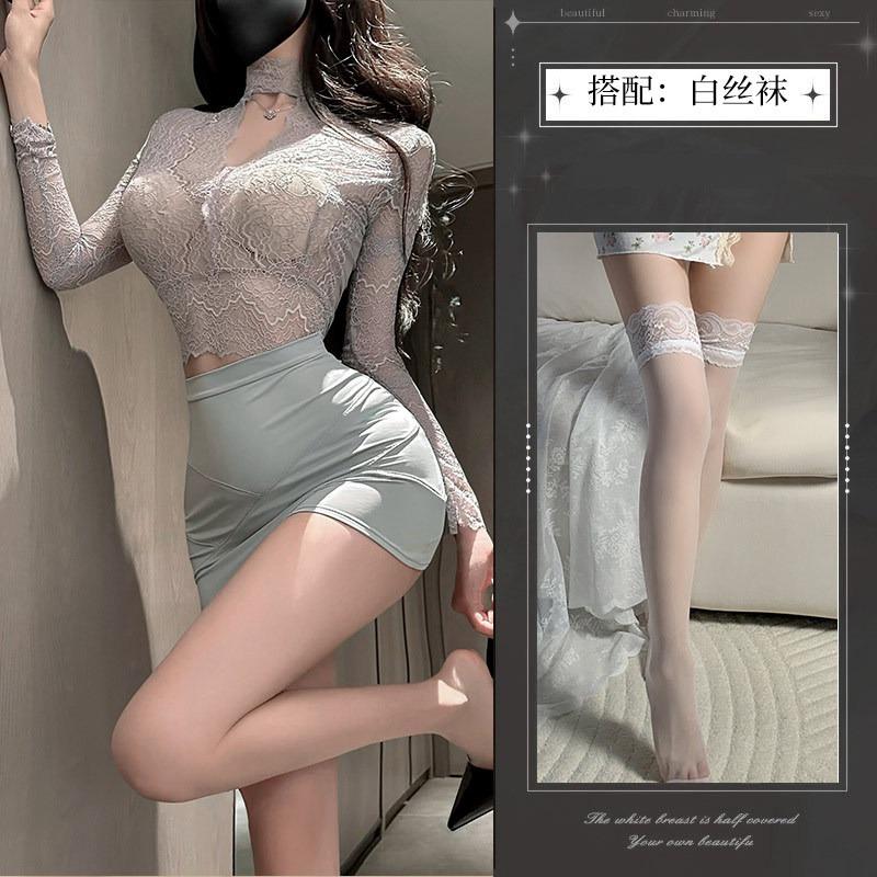 Sexy Pure Spice Slim Long Sleeve Lace Top Hip Wrap Skirt Secretary Cosplay Tease